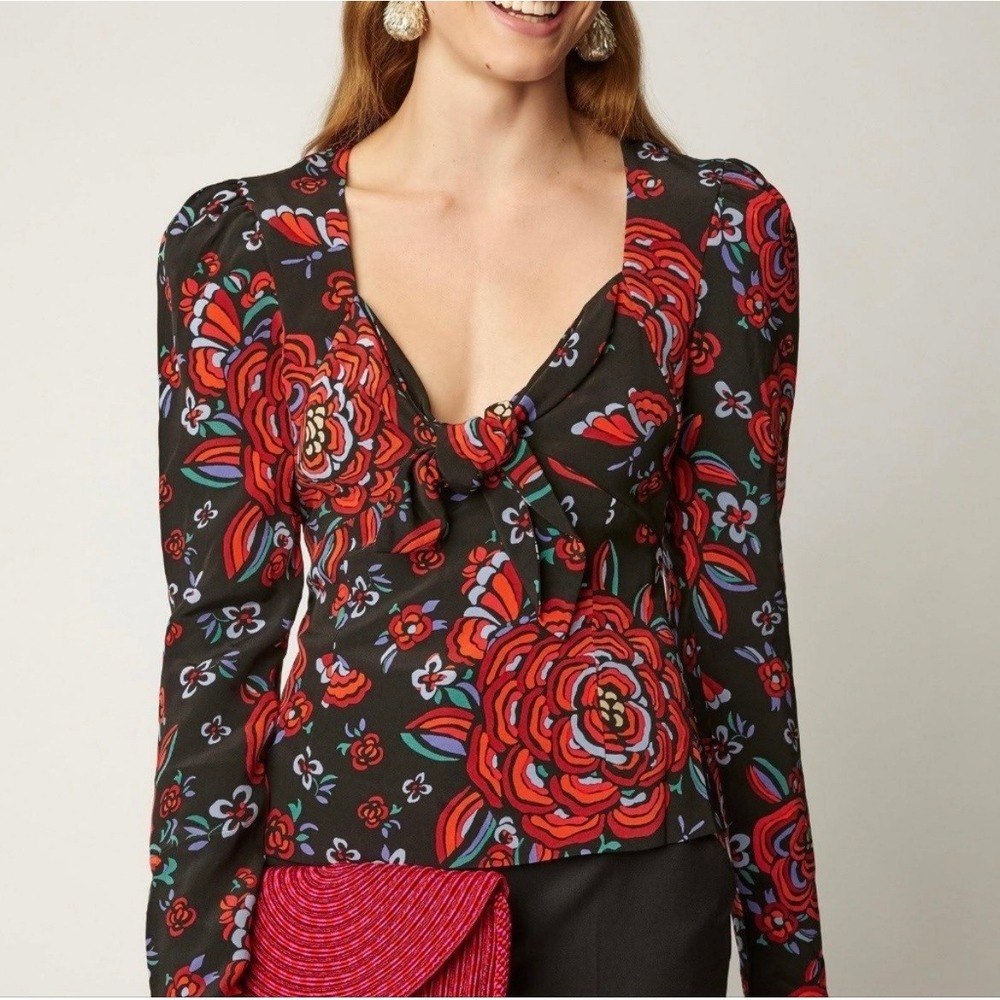 Rebecca de Ravenel Zaza Silk Floral Tie Front Blouse Black Red 0‎
